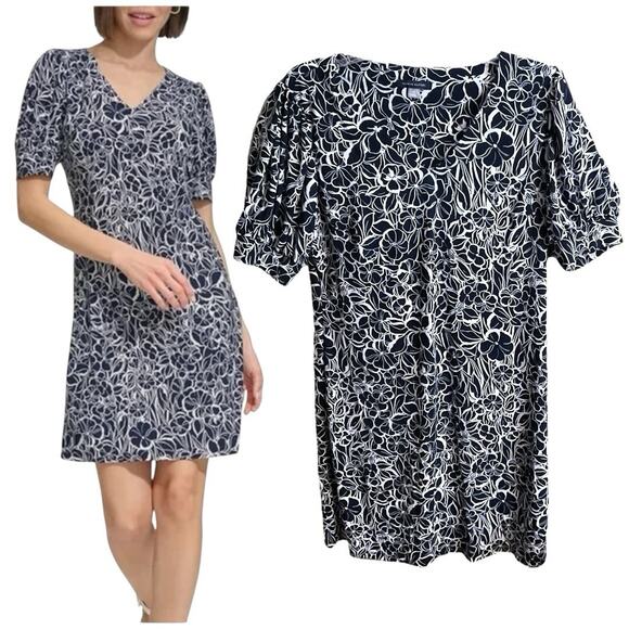Tommy Hilfiger Dress Size 16 Navy White Floral Puff Sleeve Beach Blossom V-Neck - Picture 1 of 12